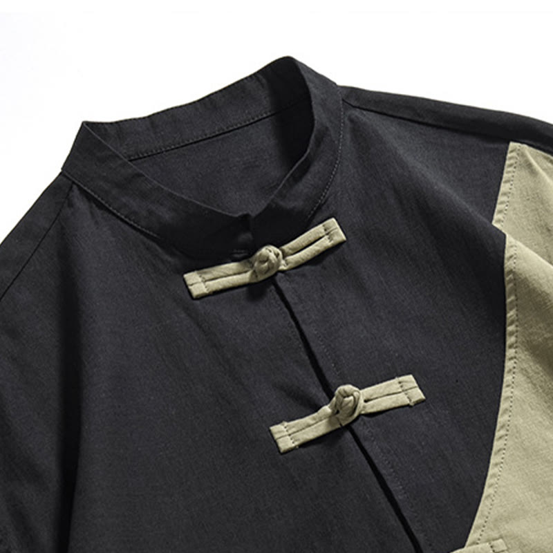 Buddha Stones Spring Color Contrast Chinese Frog-Button Design Men's Half Sleeve Cotton Linen Shirt - image 7