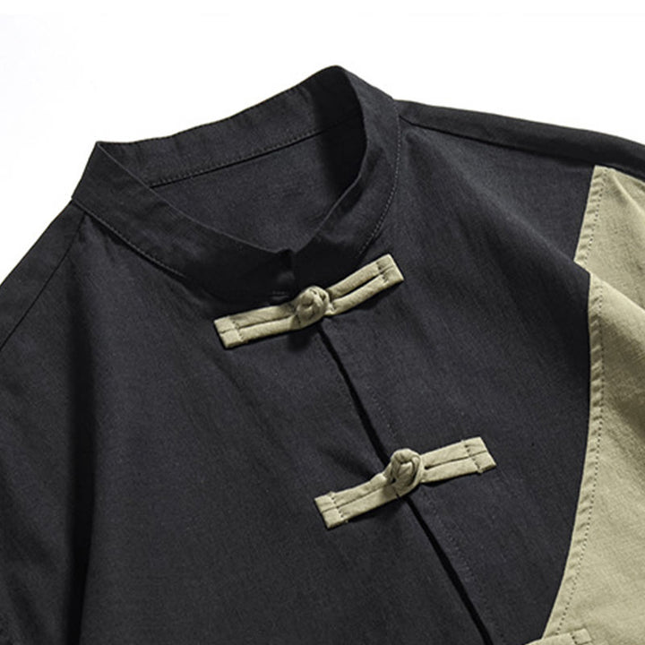 Buddha Stones Spring Color Contrast Chinese Frog-Button Design Men's Half Sleeve Cotton Linen Shirt - image 7