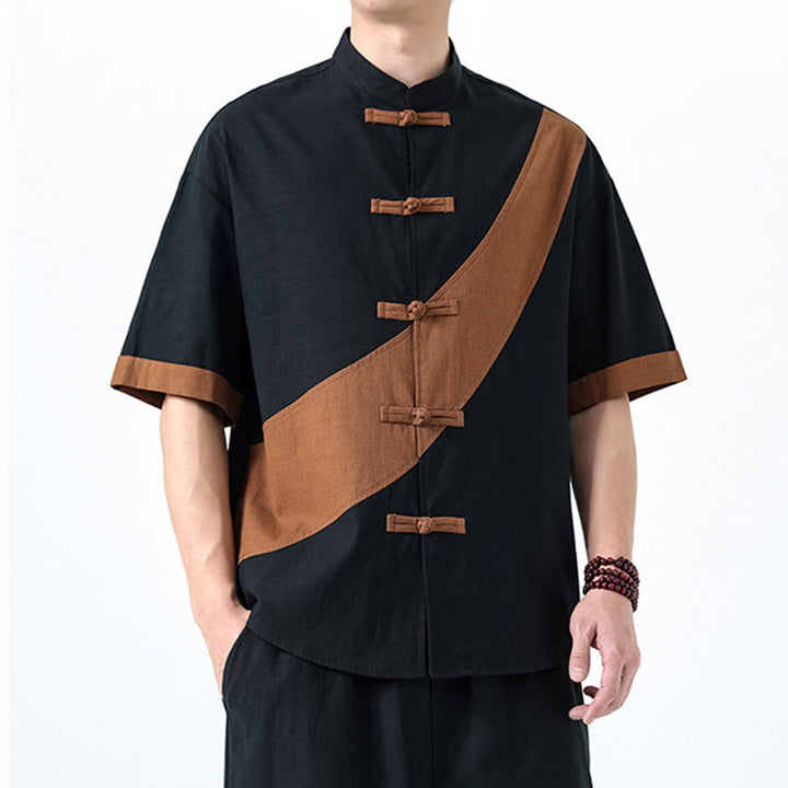 Buddha Stones Spring Color Contrast Chinese Frog-Button Design Men's Half Sleeve Cotton Linen Shirt - image 30