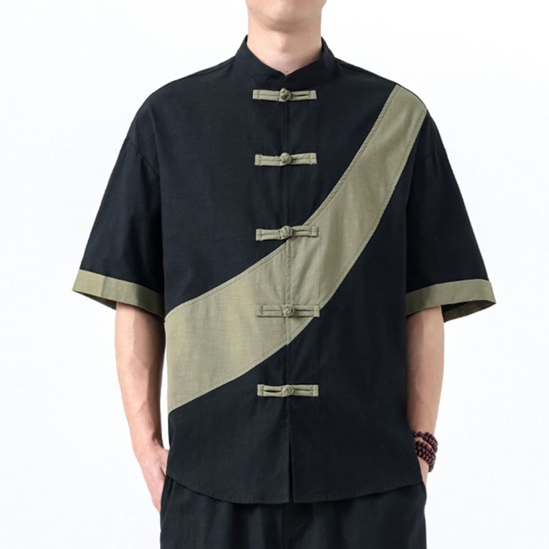 Buddha Stones Spring Color Contrast Chinese Frog-Button Design Men's Half Sleeve Cotton Linen Shirt - image 2