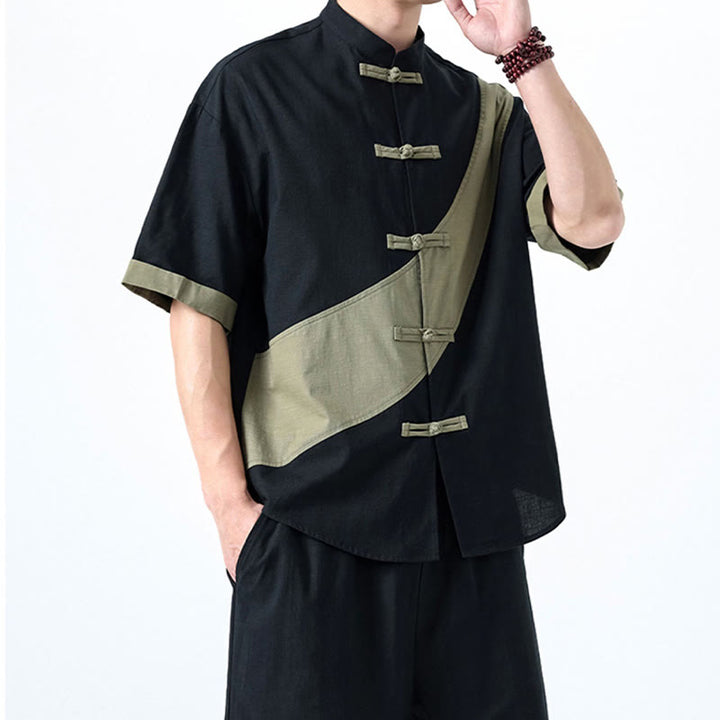 Buddha Stones Spring Color Contrast Chinese Frog-Button Design Men's Half Sleeve Cotton Linen Shirt - image 6