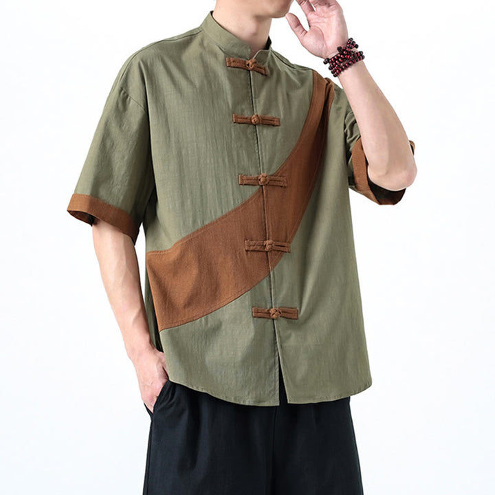 Buddha Stones Spring Color Contrast Chinese Frog-Button Design Men's Half Sleeve Cotton Linen Shirt - image 17