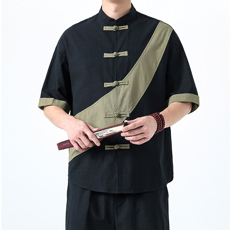 Buddha Stones Spring Color Contrast Chinese Frog-Button Design Men's Half Sleeve Cotton Linen Shirt - image 5