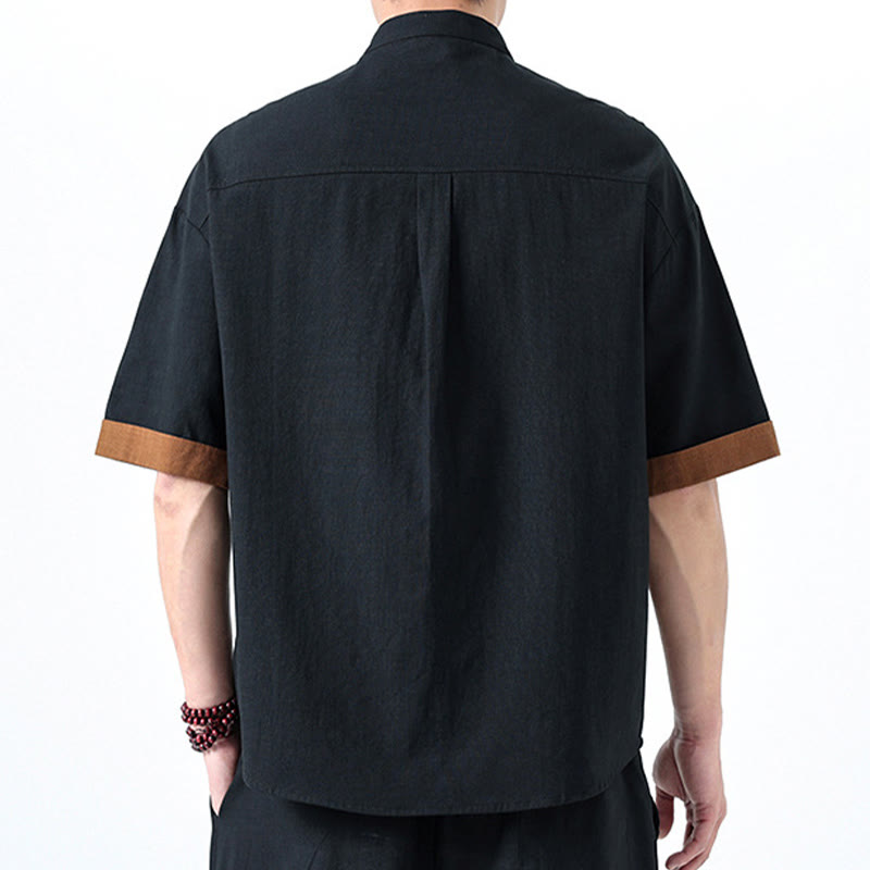 Buddha Stones Spring Color Contrast Chinese Frog-Button Design Men's Half Sleeve Cotton Linen Shirt - image 35