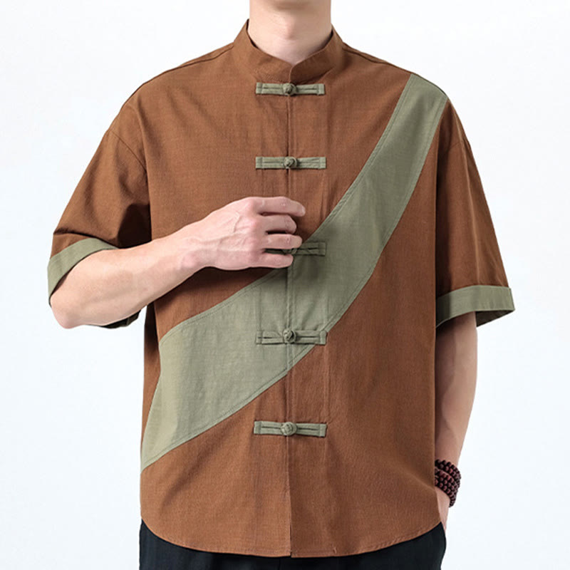 Buddha Stones Spring Color Contrast Chinese Frog-Button Design Men's Half Sleeve Cotton Linen Shirt - image 20