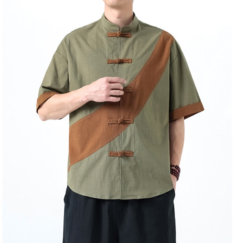 Buddha Stones Spring Color Contrast Chinese Frog-Button Design Men's Half Sleeve Cotton Linen Shirt - image 14
