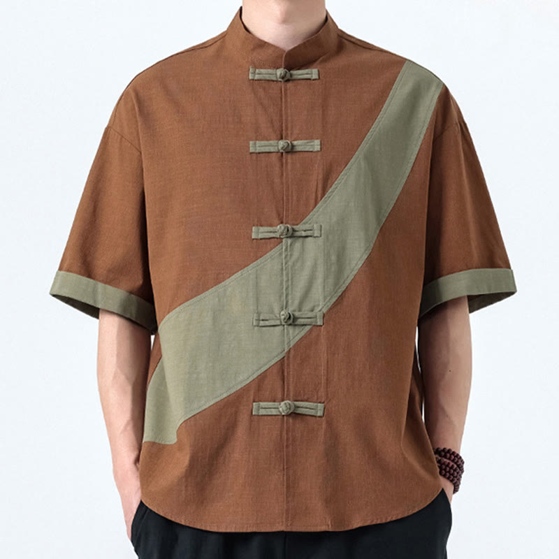 Buddha Stones Spring Color Contrast Chinese Frog-Button Design Men's Half Sleeve Cotton Linen Shirt - image 23