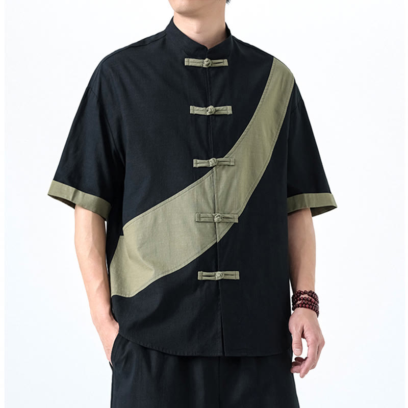 Buddha Stones Spring Color Contrast Chinese Frog-Button Design Men's Half Sleeve Cotton Linen Shirt - image 4