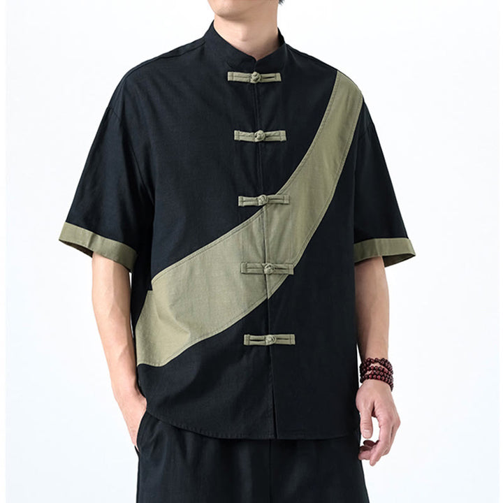 Buddha Stones Spring Color Contrast Chinese Frog-Button Design Men's Half Sleeve Cotton Linen Shirt - image 4