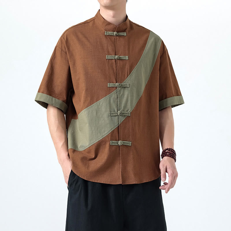 Buddha Stones Spring Color Contrast Chinese Frog-Button Design Men's Half Sleeve Cotton Linen Shirt - image 21