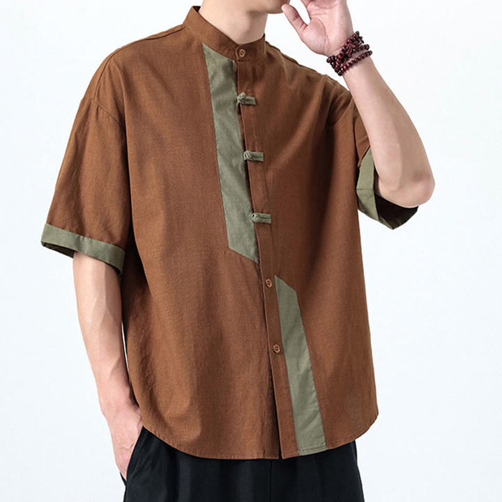 Buddha Stones Casual Color Matching Chinese Frog-Button Design Tang Suit Men's Half Sleeve Cotton Linen Shirt - image 18