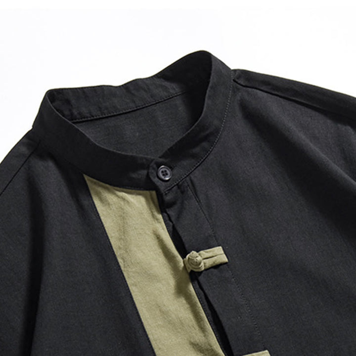 Buddha Stones Casual Color Matching Chinese Frog-Button Design Tang Suit Men's Half Sleeve Cotton Linen Shirt - image 26