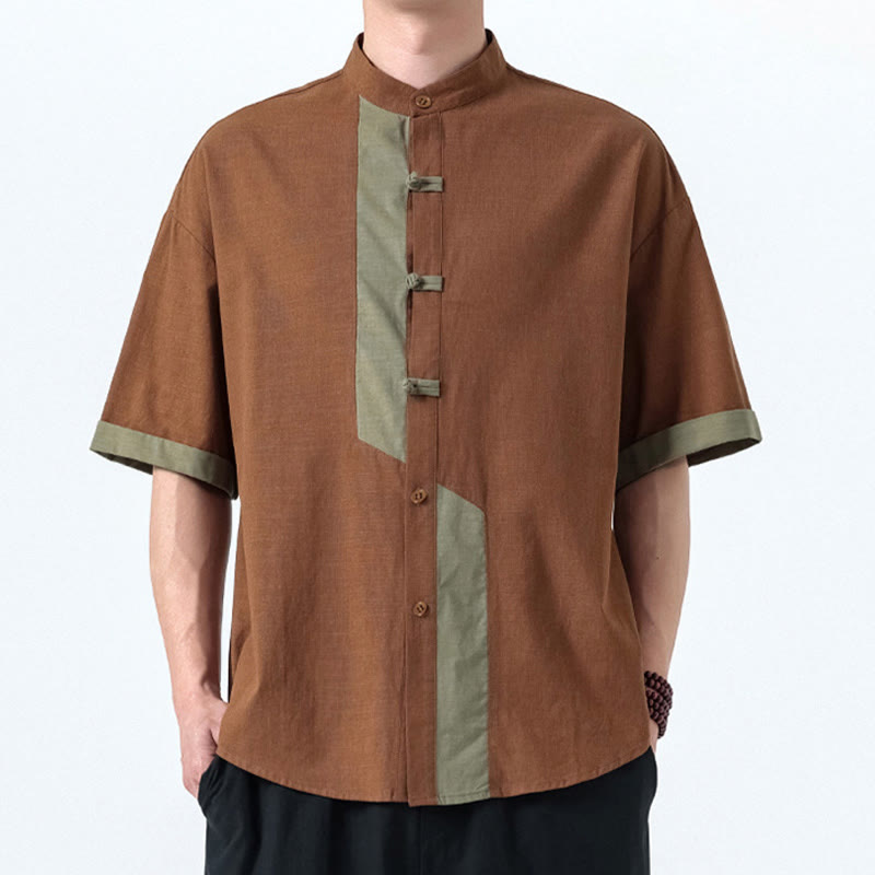 Buddha Stones Casual Color Matching Chinese Frog-Button Design Tang Suit Men's Half Sleeve Cotton Linen Shirt - image 15
