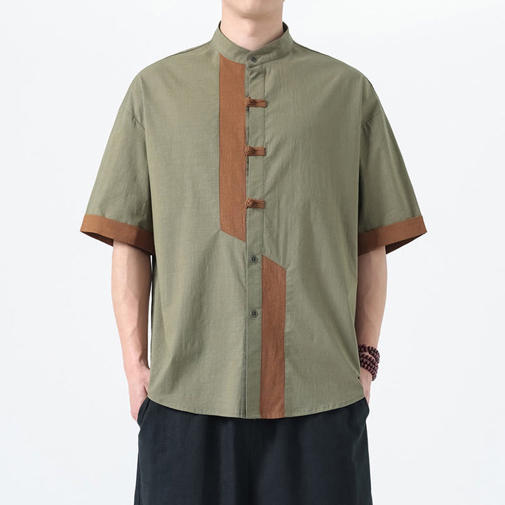 Buddha Stones Casual Color Matching Chinese Frog-Button Design Tang Suit Men's Half Sleeve Cotton Linen Shirt - image 9