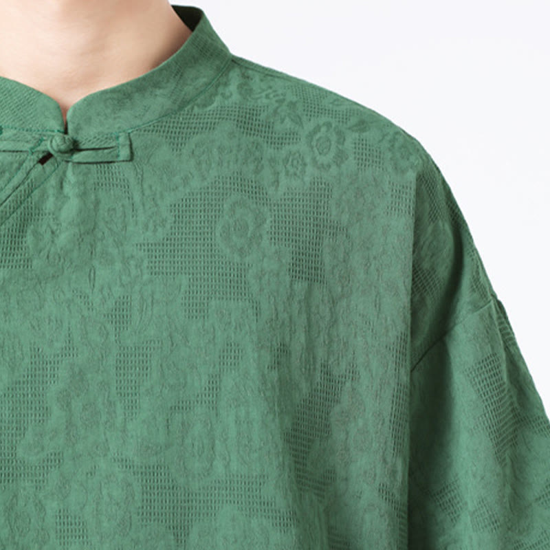 Buddha Stones Retro Pure Color Frog-Button Design Jacquard Flower Pattern Men's Short Sleeve Cotton Linen Shirt - image 9