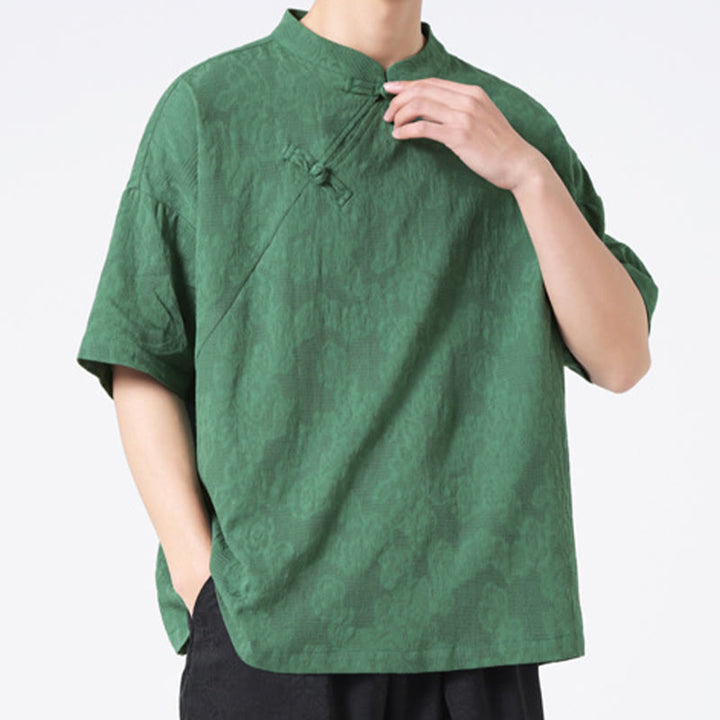 Buddha Stones Retro Pure Color Frog-Button Design Jacquard Flower Pattern Men's Short Sleeve Cotton Linen Shirt - SeaGreen - US/UK/AU46，EU56 (5XL) - image 0