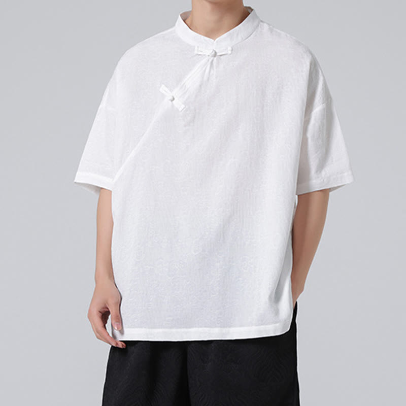 Buddha Stones Retro Pure Color Frog-Button Design Jacquard Flower Pattern Men's Short Sleeve Cotton Linen Shirt - image 18