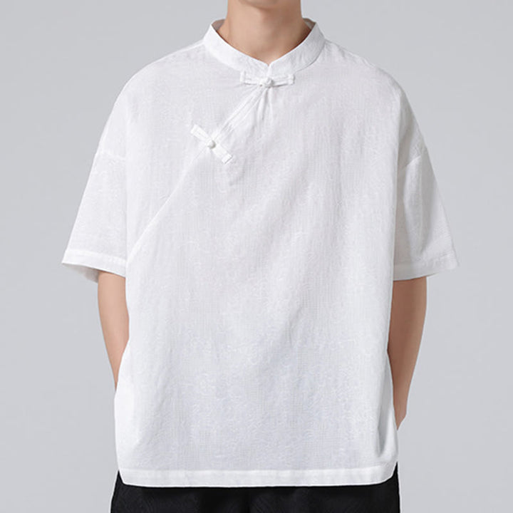 Buddha Stones Retro Pure Color Frog-Button Design Jacquard Flower Pattern Men's Short Sleeve Cotton Linen Shirt - image 16