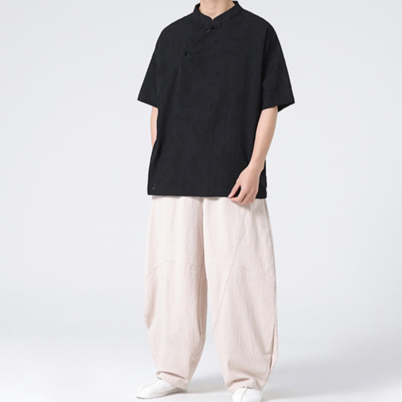 Buddha Stones Retro Pure Color Frog-Button Design Jacquard Flower Pattern Men's Short Sleeve Cotton Linen Shirt - image 32