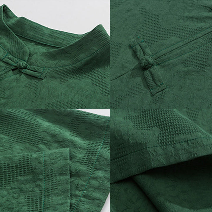 Buddha Stones Retro Pure Color Frog-Button Design Jacquard Flower Pattern Men's Short Sleeve Cotton Linen Shirt - image 12