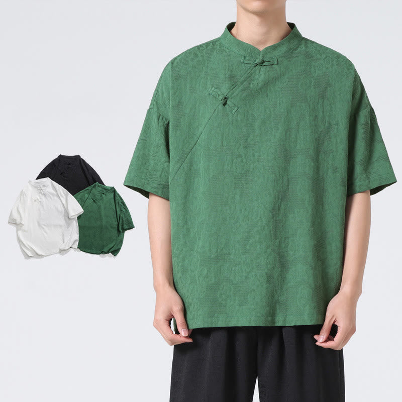 Buddha Stones Retro Pure Color Frog-Button Design Jacquard Flower Pattern Men's Short Sleeve Cotton Linen Shirt - image 6