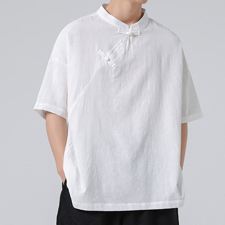 Buddha Stones Retro Pure Color Frog-Button Design Jacquard Flower Pattern Men's Short Sleeve Cotton Linen Shirt - image 22