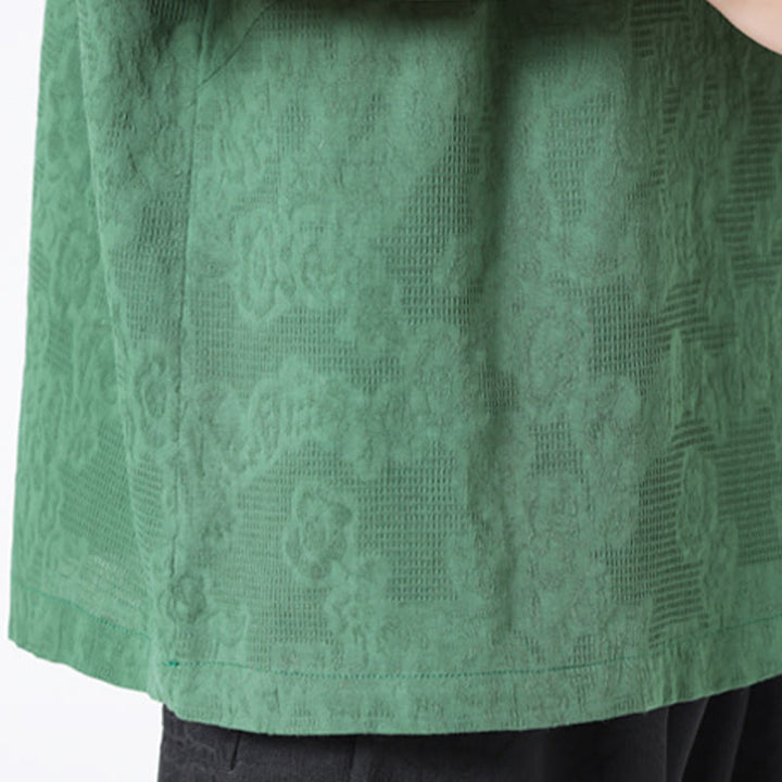 Buddha Stones Retro Pure Color Frog-Button Design Jacquard Flower Pattern Men's Short Sleeve Cotton Linen Shirt - image 10