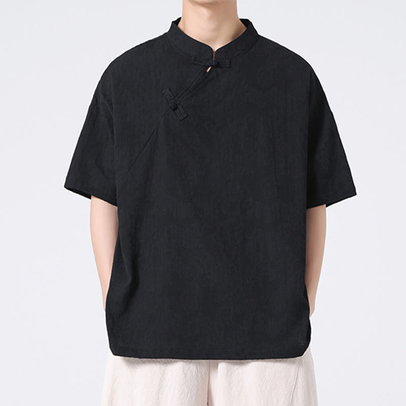 Buddha Stones Retro Pure Color Frog-Button Design Jacquard Flower Pattern Men's Short Sleeve Cotton Linen Shirt - image 28