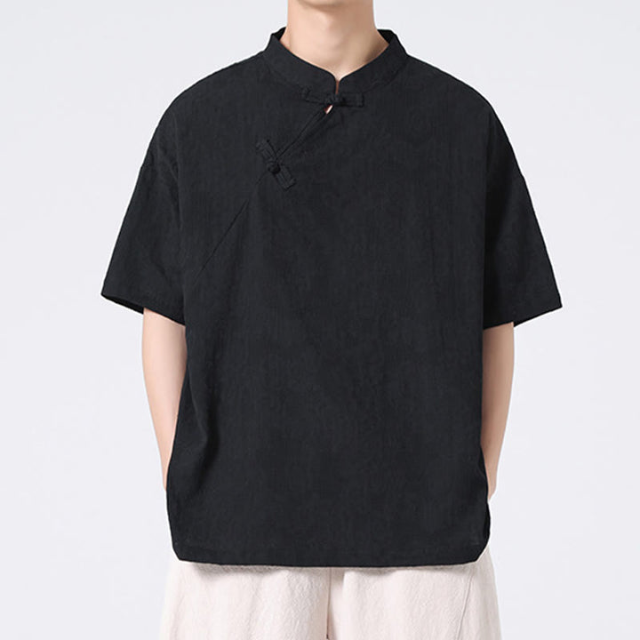 Buddha Stones Retro Pure Color Frog-Button Design Jacquard Flower Pattern Men's Short Sleeve Cotton Linen Shirt - image 28