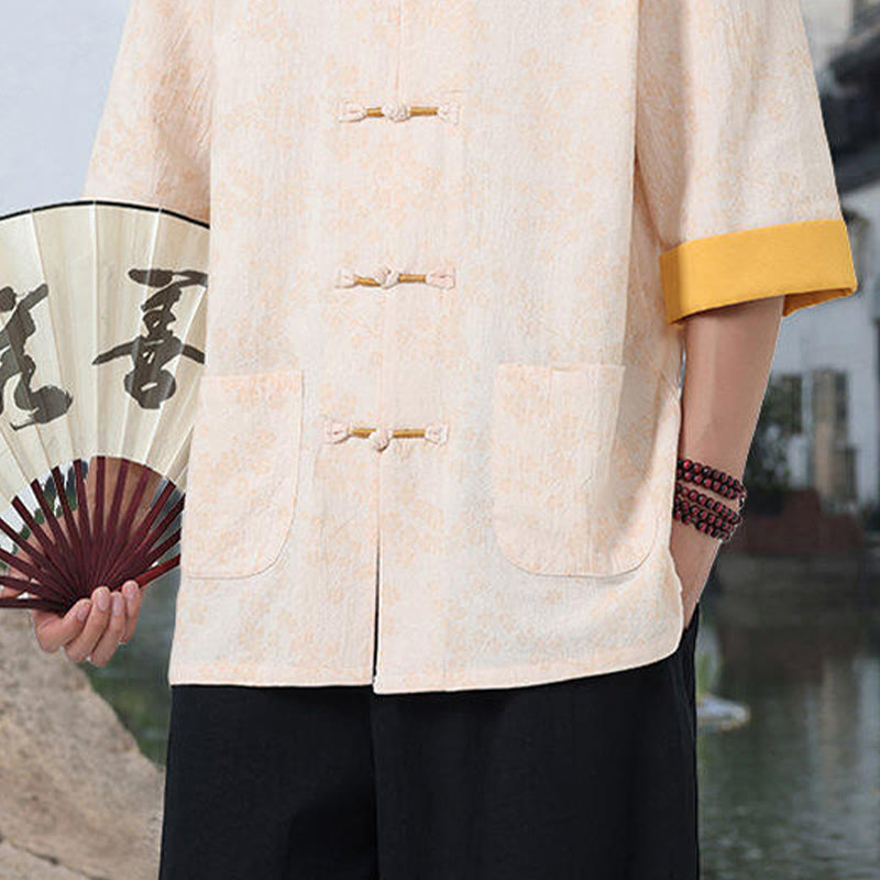 Buddha Stones Retro Printing Flower Pattern Frog-Button Design Stand Collar Men's Half Sleeve Cotton Shirt With Pockets - image 15