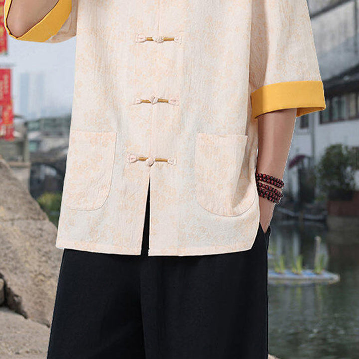 Buddha Stones Retro Printing Flower Pattern Frog-Button Design Stand Collar Men's Half Sleeve Cotton Shirt With Pockets - image 16