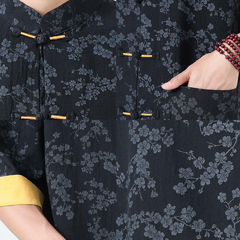 Buddha Stones Retro Printing Flower Pattern Frog-Button Design Stand Collar Men's Half Sleeve Cotton Shirt With Pockets - image 5