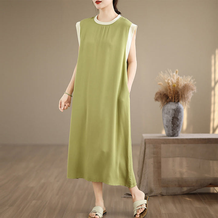 Buddha Stones Pure Color Slit Design Sleeveless Cotton Midi Dress With Pockets - YellowGreen - US12，UK/AU16，EU44 (2XL) - image 8