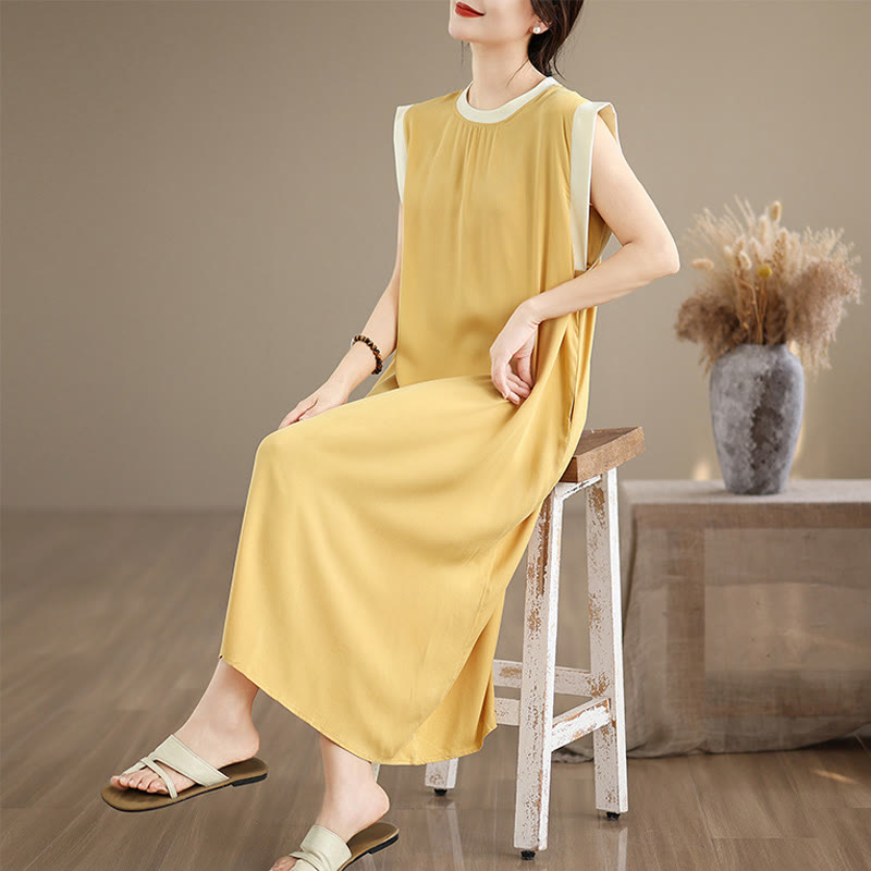 Buddha Stones Pure Color Slit Design Sleeveless Cotton Midi Dress With Pockets - Gold - US12，UK/AU16，EU44 (2XL) - image 28