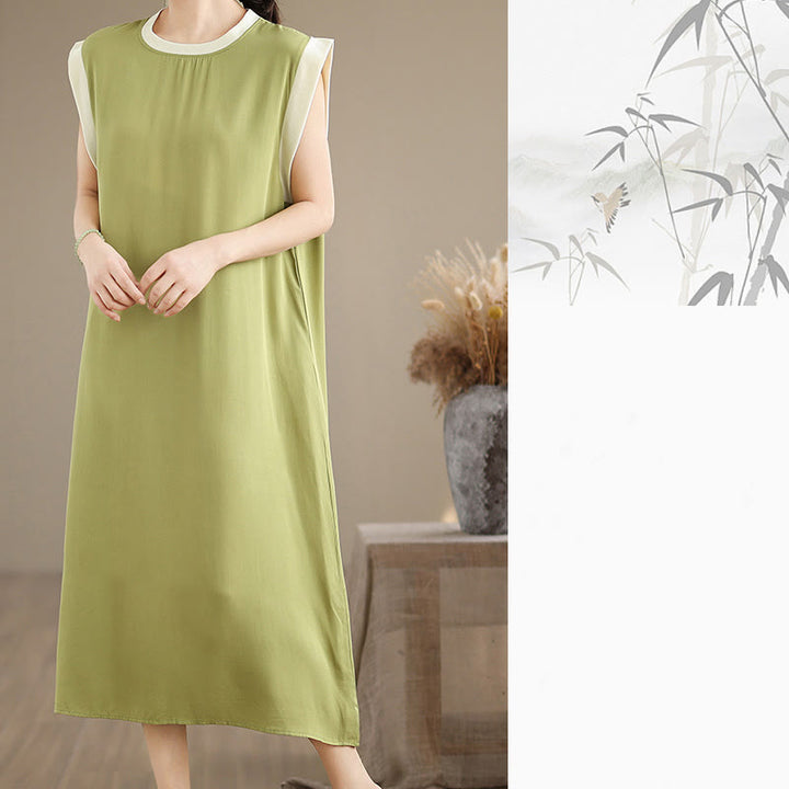 Buddha Stones Pure Color Slit Design Sleeveless Cotton Midi Dress With Pockets - image 19