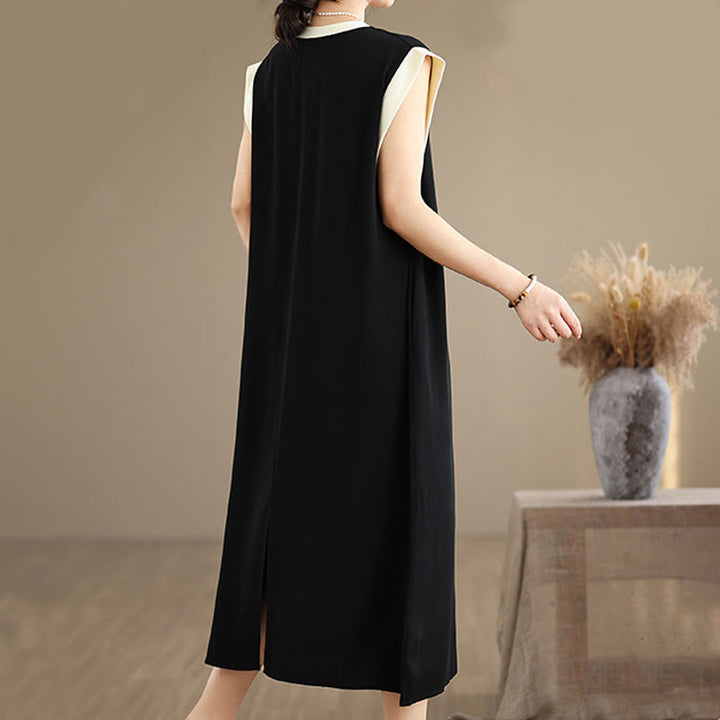 Buddha Stones Pure Color Slit Design Sleeveless Cotton Midi Dress With Pockets - image 3