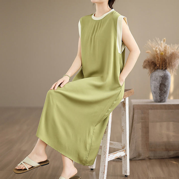 Buddha Stones Pure Color Slit Design Sleeveless Cotton Midi Dress With Pockets - image 15