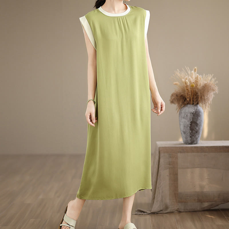 Buddha Stones Pure Color Slit Design Sleeveless Cotton Midi Dress With Pockets - image 11