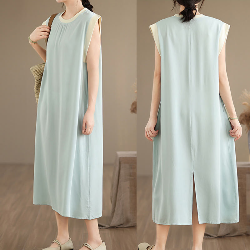 Buddha Stones Pure Color Slit Design Sleeveless Cotton Midi Dress With Pockets - image 25