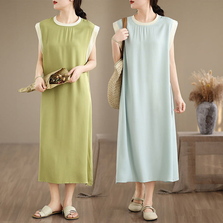 Buddha Stones Pure Color Slit Design Sleeveless Cotton Midi Dress With Pockets - image 38