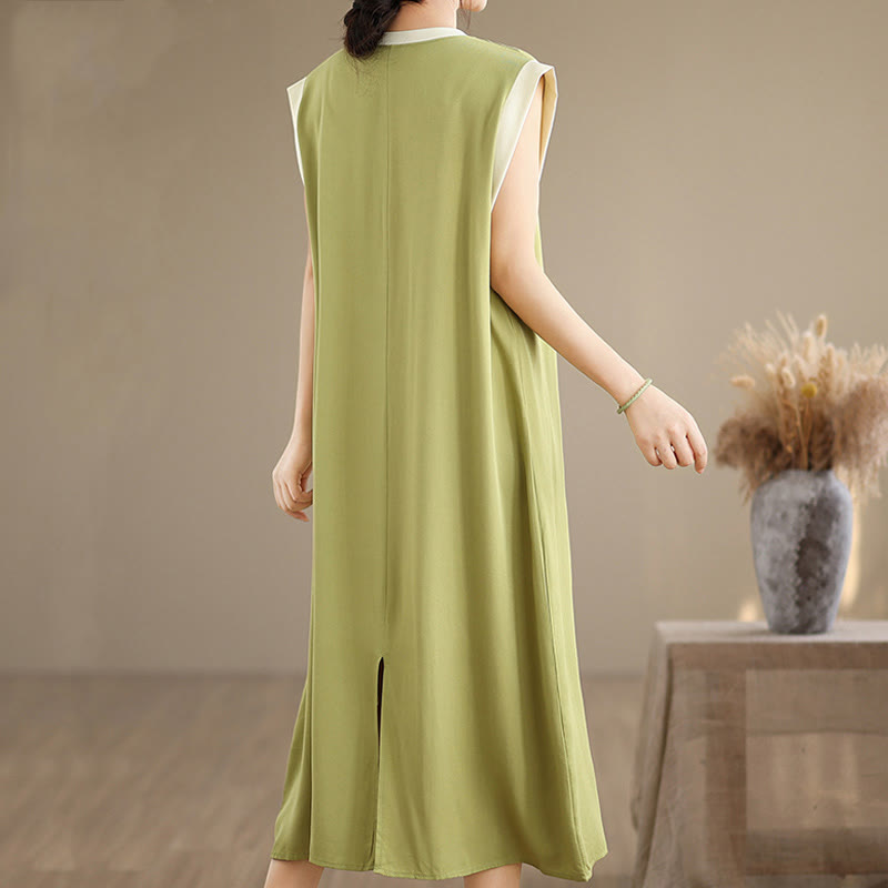 Buddha Stones Pure Color Slit Design Sleeveless Cotton Midi Dress With Pockets - image 12