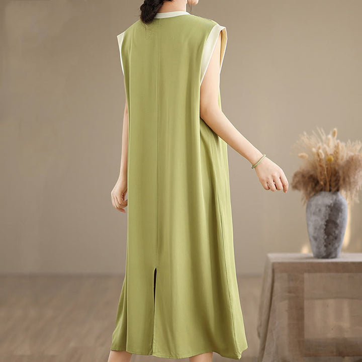 Buddha Stones Pure Color Slit Design Sleeveless Cotton Midi Dress With Pockets - image 12