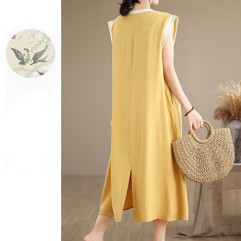 Buddha Stones Pure Color Slit Design Sleeveless Cotton Midi Dress With Pockets - image 37