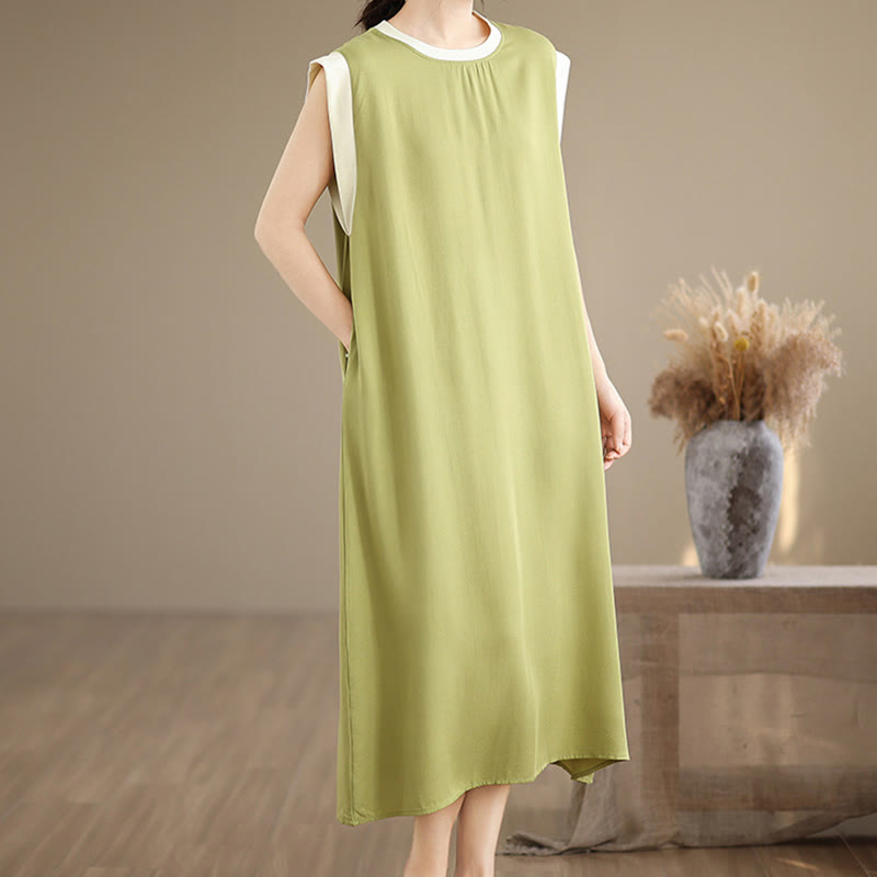Buddha Stones Pure Color Slit Design Sleeveless Cotton Midi Dress With Pockets - image 10