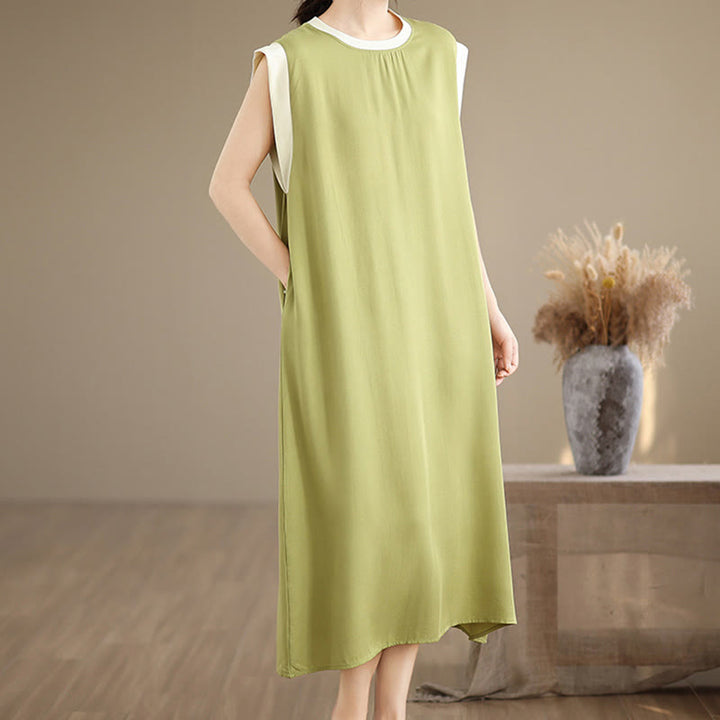 Buddha Stones Pure Color Slit Design Sleeveless Cotton Midi Dress With Pockets - image 10