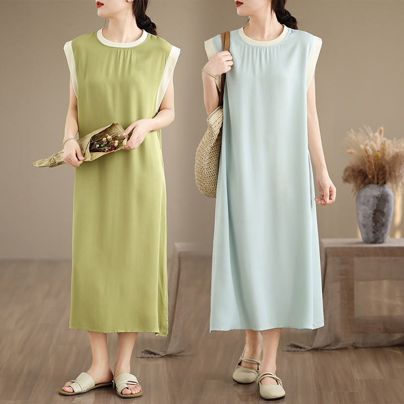 Buddha Stones Pure Color Slit Design Sleeveless Cotton Midi Dress With Pockets - image 39