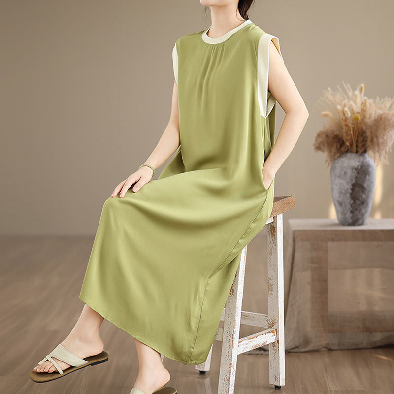 Buddha Stones Pure Color Slit Design Sleeveless Cotton Midi Dress With Pockets - image 14