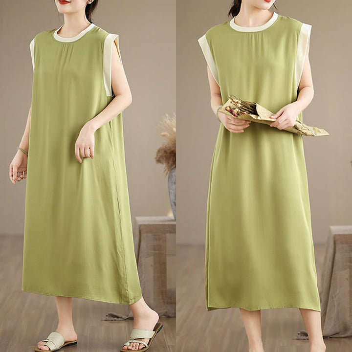 Buddha Stones Pure Color Slit Design Sleeveless Cotton Midi Dress With Pockets - image 16