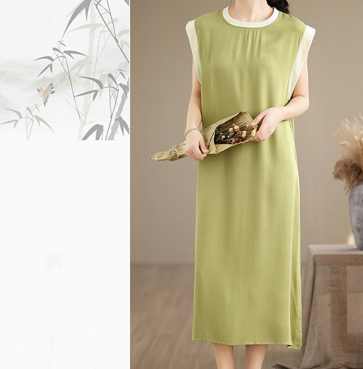 Buddha Stones Pure Color Slit Design Sleeveless Cotton Midi Dress With Pockets - image 17