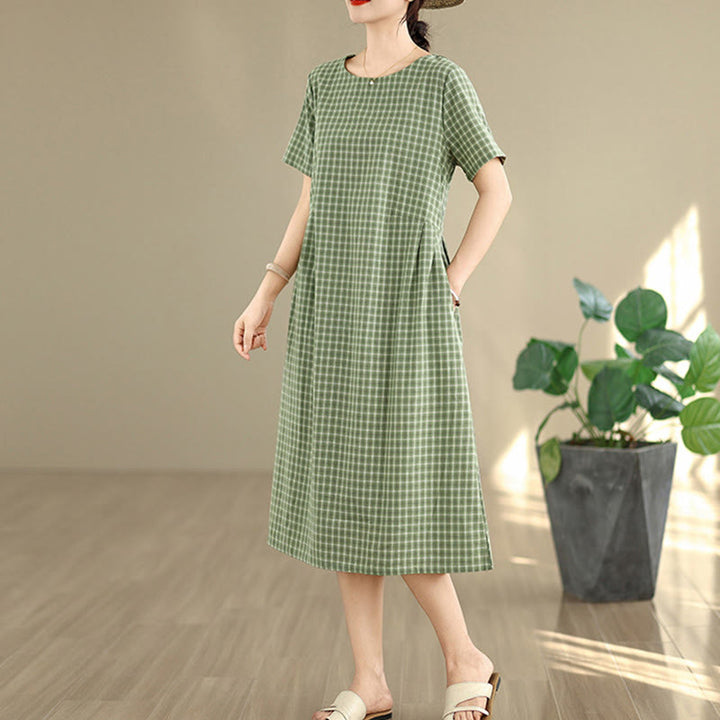Buddha Stones Commute Plaid Pattern Simple Design Cotton Linen Short Sleeve Midi Dress With Pockets - image 15